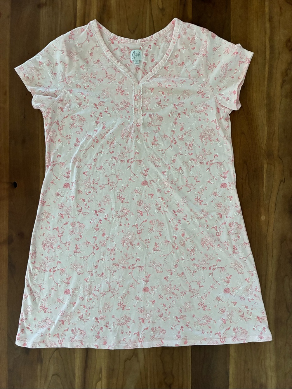 Aria Ditsy Floral Short-Sleeve Knit Nightgown Women's Size Large Pink and White⁠
